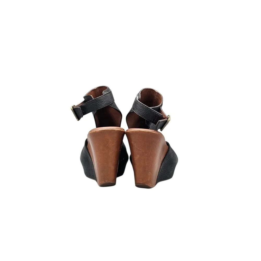 Kork-Ease Berit Black Leather Peep Toe Wedge Slingback Sandals Heels Women's 6 M